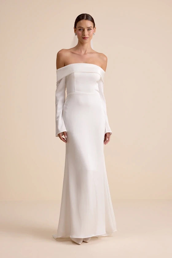 Modern Simple Satin Sheath Off-Shoulder Long Sleeves Straight Back Floor-Length Wedding Dresses