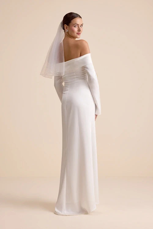 Modern Simple Satin Sheath Off-Shoulder Long Sleeves Straight Back Floor-Length Wedding Dresses