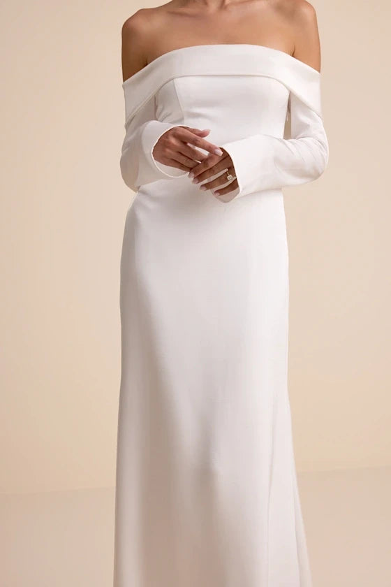 Modern Simple Satin Sheath Off-Shoulder Long Sleeves Straight Back Floor-Length Wedding Dresses