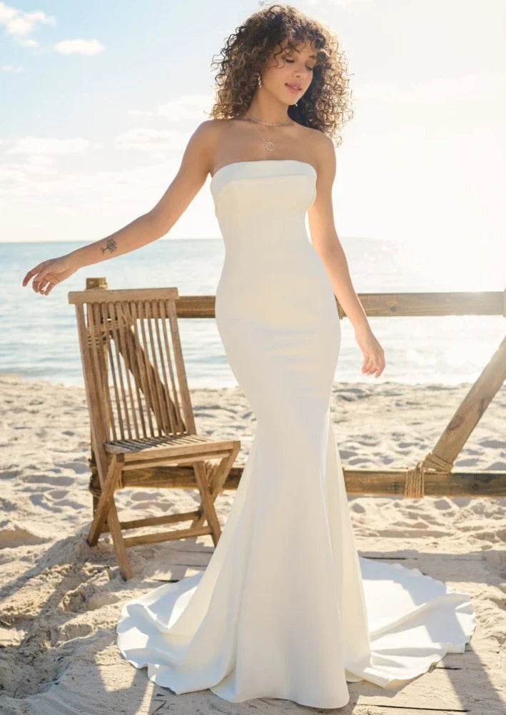 Modern Simple Sheath Mermaid Strapless Sleeveless Button Back Floor-Length Wedding Dresses