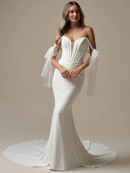 Modern Tulle Mermaid Sweetheart Off-Shoulder Button-Up Back Floor-Length Wedding Dresses with Sweep Train