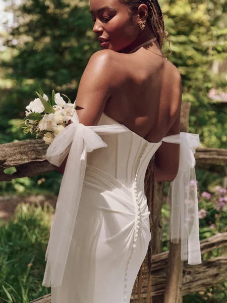 Modern Tulle Mermaid Sweetheart Off-Shoulder Button-Up Back Floor-Length Wedding Dresses with Sweep Train