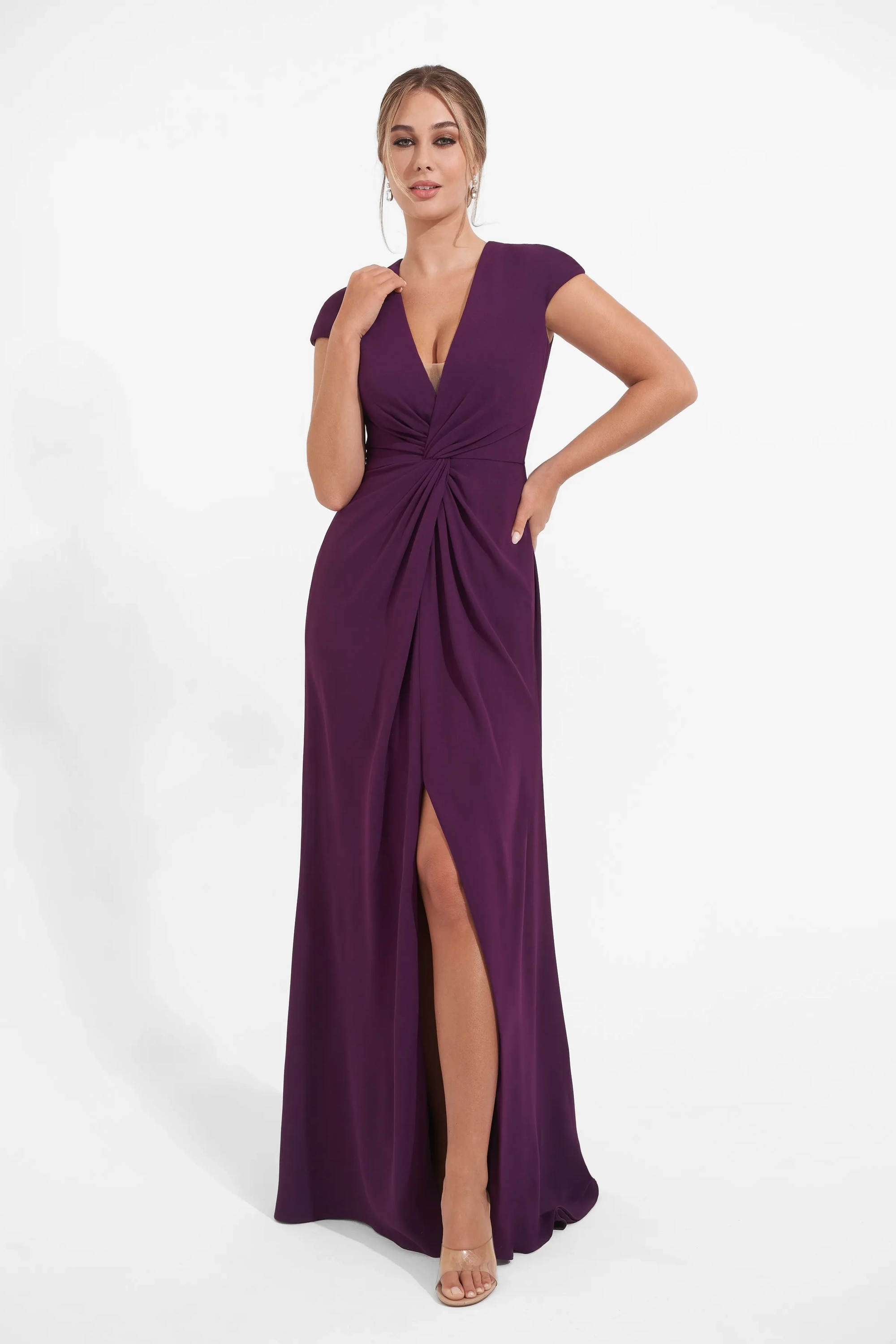 Modest Column V-Neck Cap Sleeve Twisted Knot Front Slit Crepe Mother of the Bride Dresses