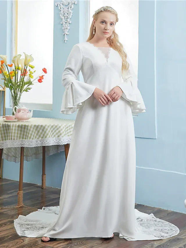 Modest Satin A-Line V-Neck Long Bell Sleeve Lace-Up Back Floor-Length Wedding Dresses