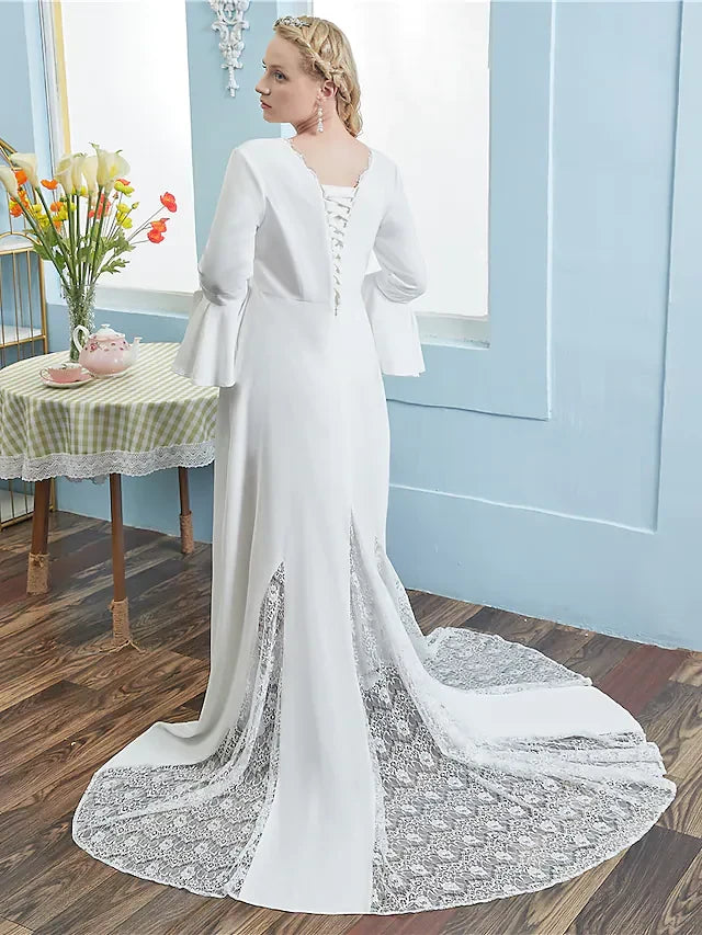 Modest Satin A-Line V-Neck Long Bell Sleeve Lace-Up Back Floor-Length Wedding Dresses