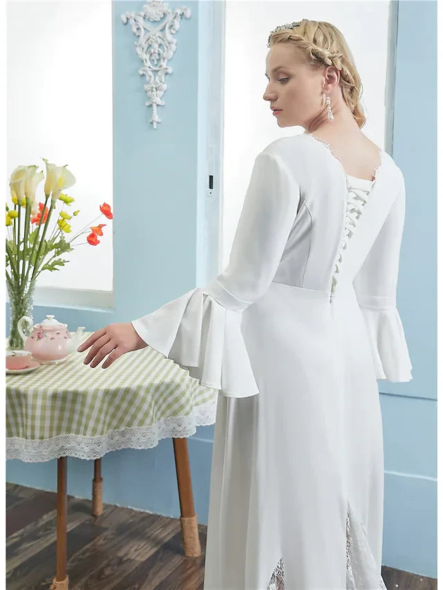Modest Satin A-Line V-Neck Long Bell Sleeve Lace-Up Back Floor-Length Wedding Dresses