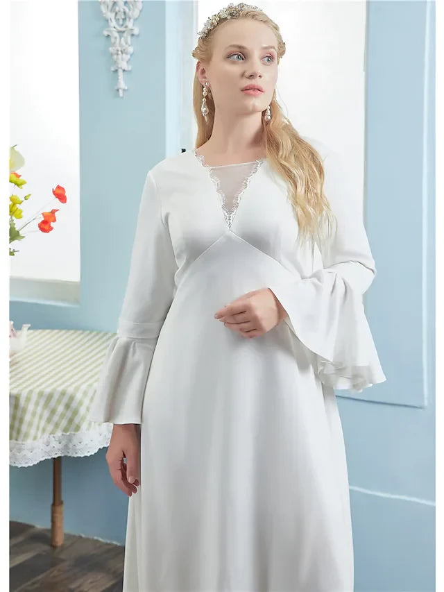 Modest Satin A-Line V-Neck Long Bell Sleeve Lace-Up Back Floor-Length Wedding Dresses
