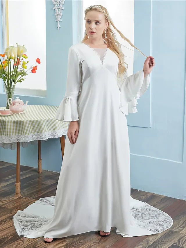 Modest Satin A-Line V-Neck Long Bell Sleeve Lace-Up Back Floor-Length Wedding Dresses