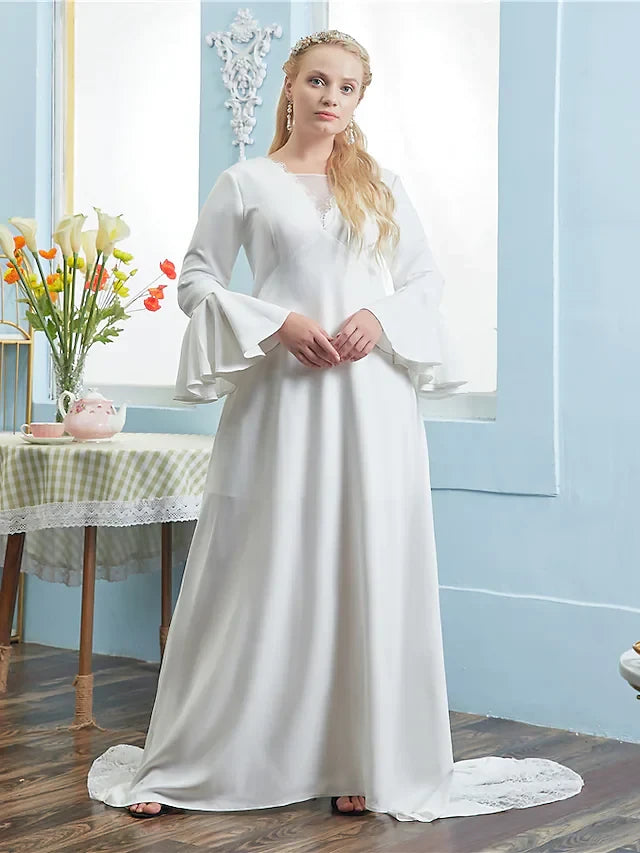 Modest Satin A-Line V-Neck Long Bell Sleeve Lace-Up Back Floor-Length Wedding Dresses