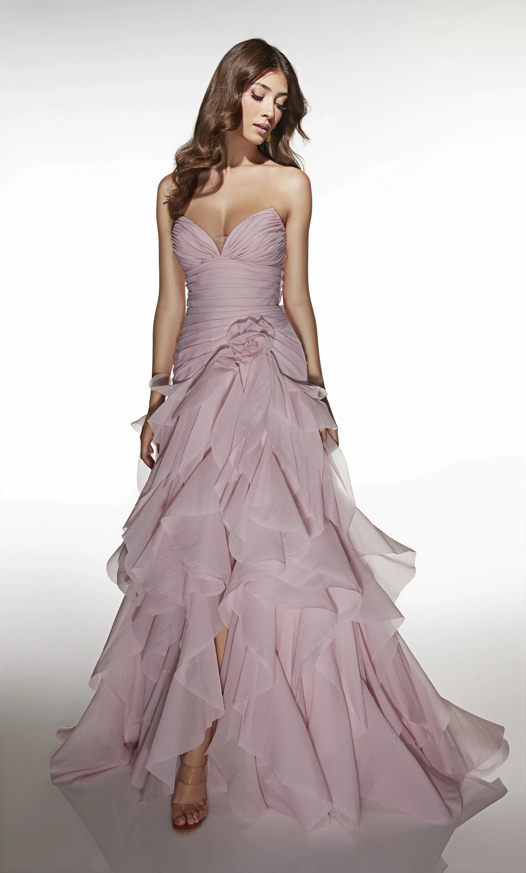 Multi-color ruched chiffon strapless sweetheart high slit tier ruffle floor formal prom dress