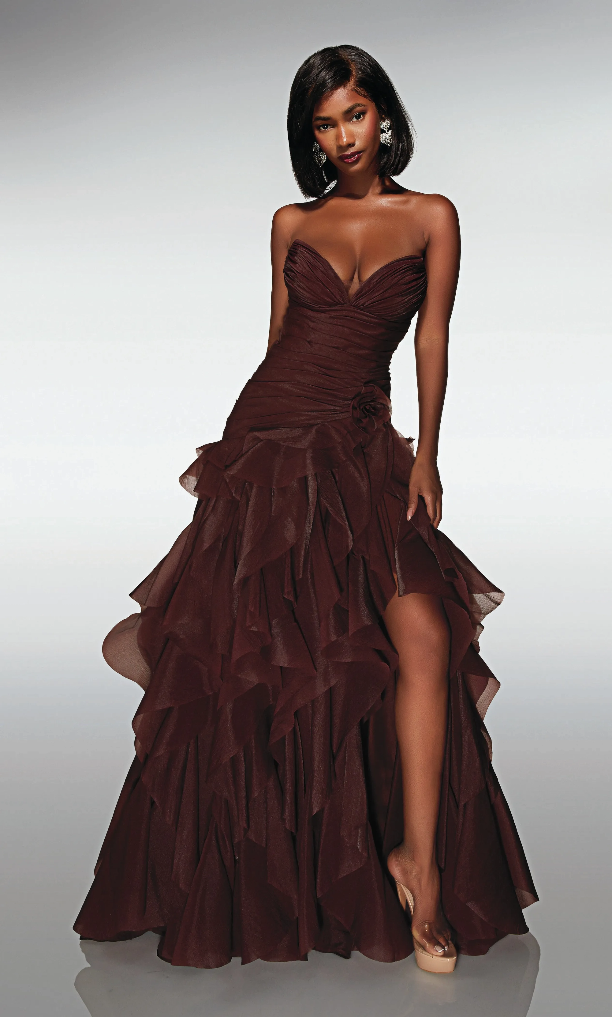 Multi-color ruched chiffon strapless sweetheart high slit tier ruffle floor formal prom dress