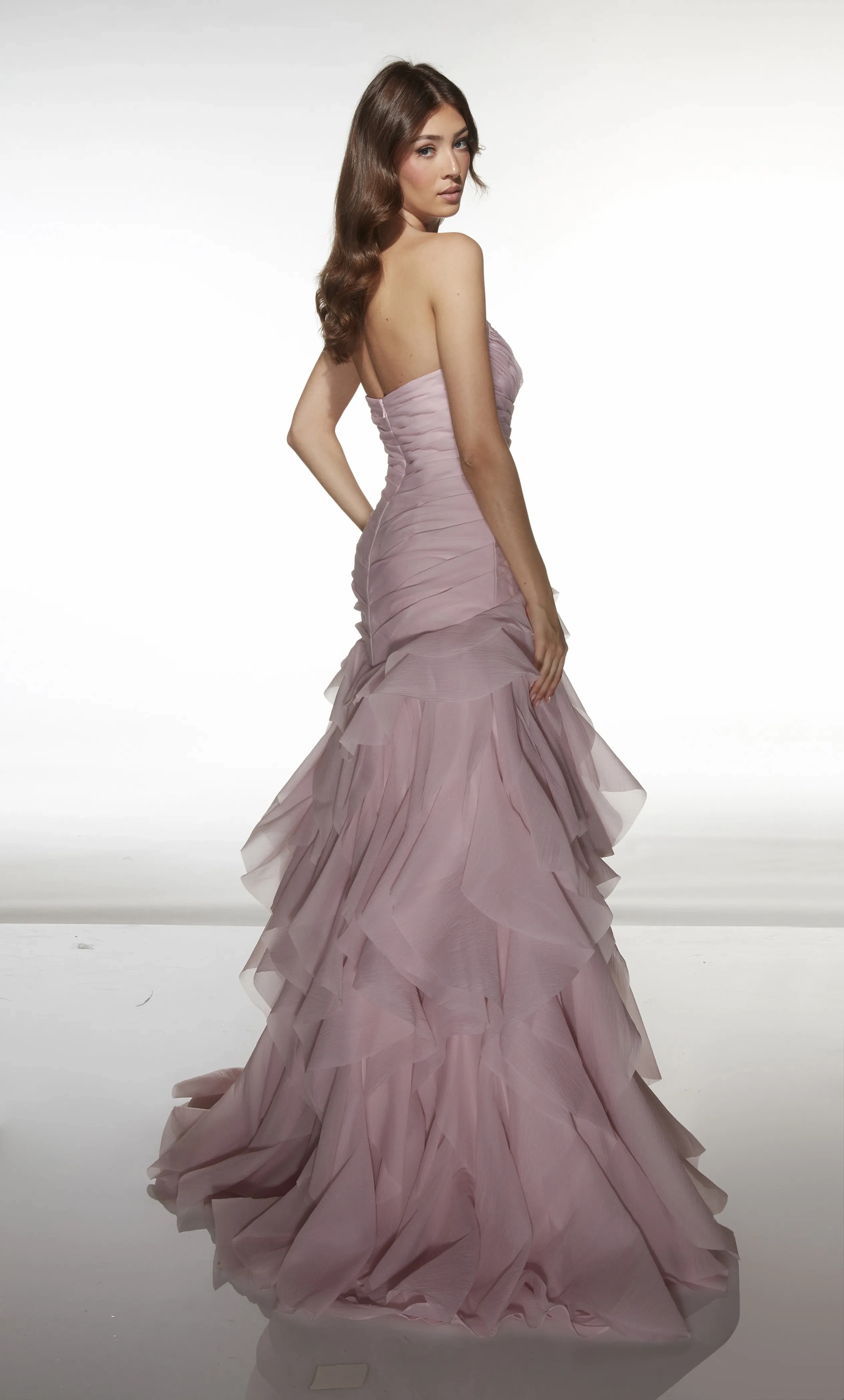 Multi-color ruched chiffon strapless sweetheart high slit tier ruffle floor formal prom dress