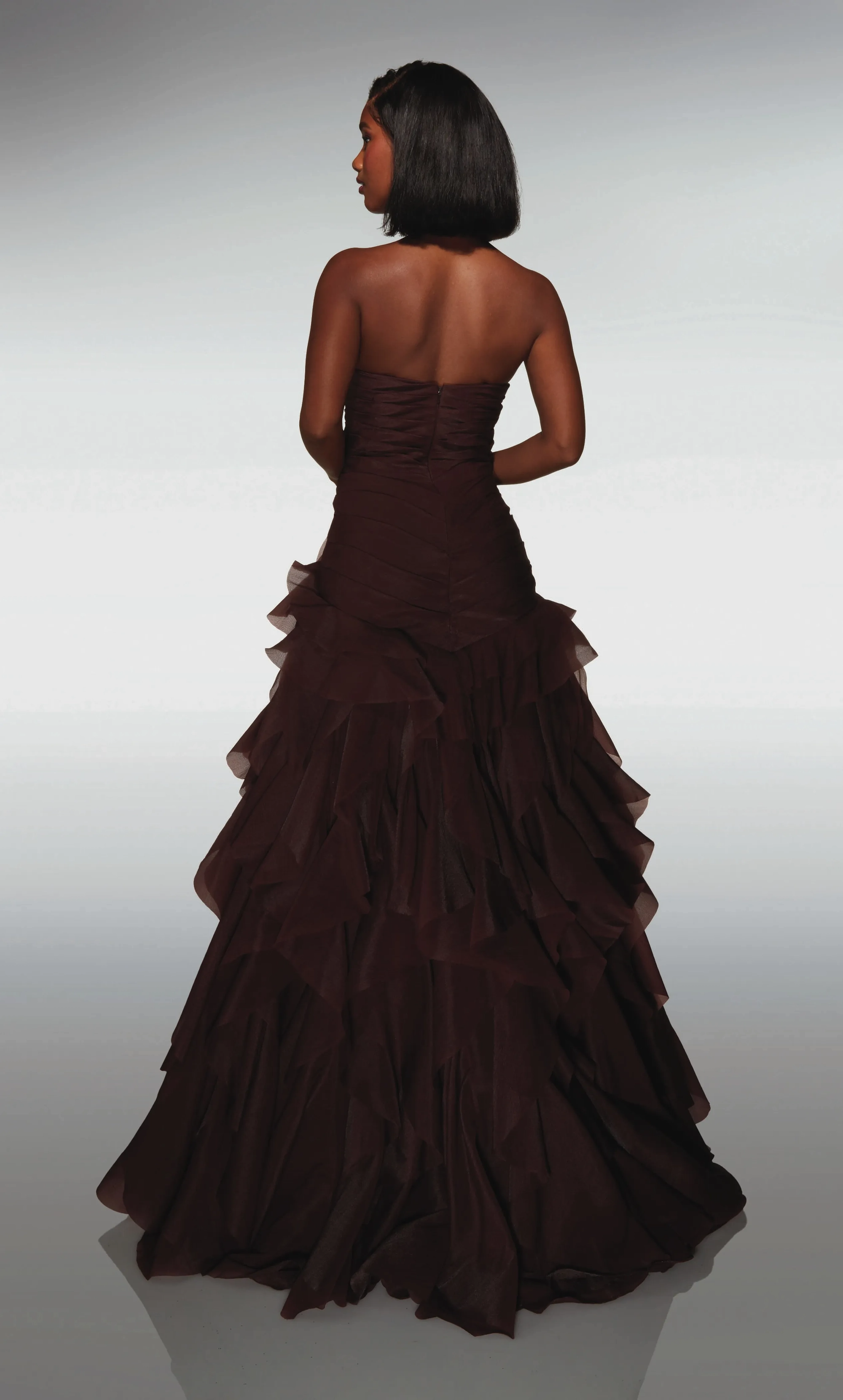 Multi-color ruched chiffon strapless sweetheart high slit tier ruffle floor formal prom dress