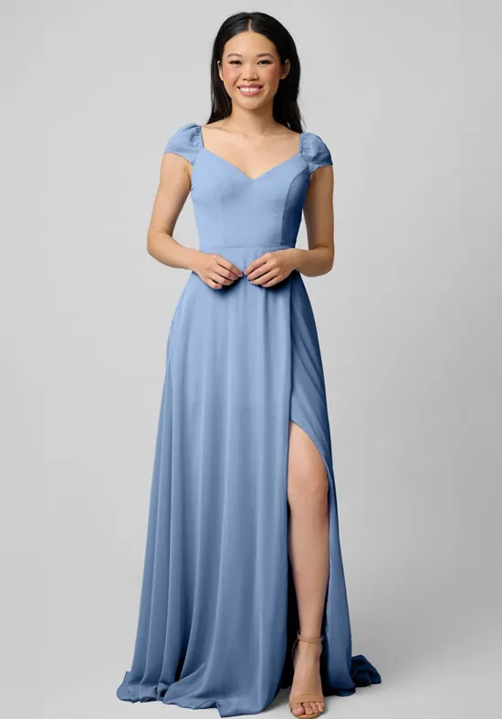 Multi Color Chiffon Sweetheart Puff Cap Sleeve Side Slit Pocket A-Line Floor Length Bridesmaid Dresses