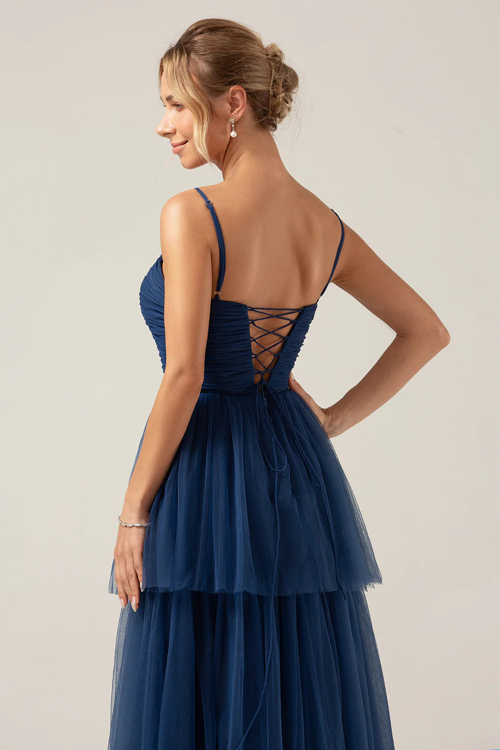 Navy A Line Spaghetti Straps Tulle Pleated Long Bridesmaid Dress With Slit