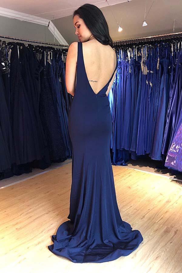 Navy Blue Bateau Neck Sleeveless Low Back Mermaid Floor-Length Prom Dress