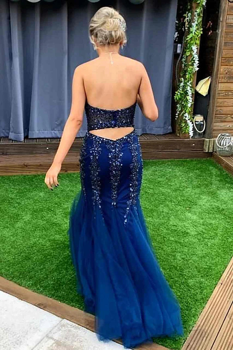 Navy Blue Beaded Strapless Cutout Mermaid Long Formal Dress