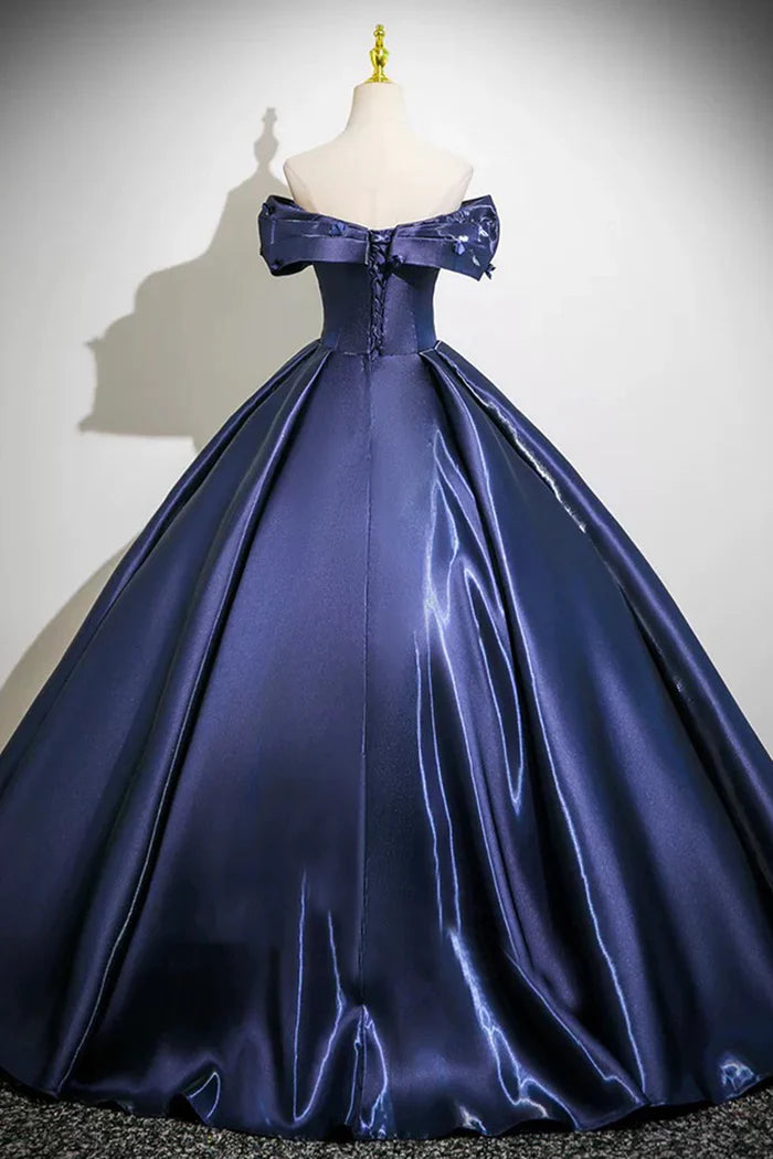 Navy Blue Satin Long Prom Dress, A-Line Off the Shoulder Evening Party Dress