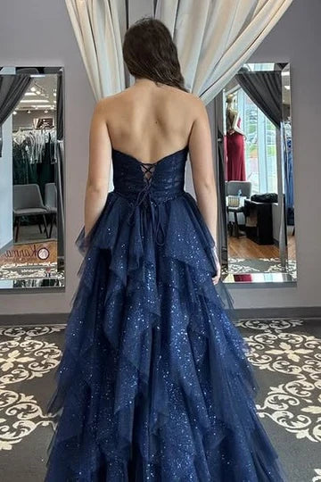 Navy Blue Strapless Tulle A-Line Empire Sparkly Party Prom Dress