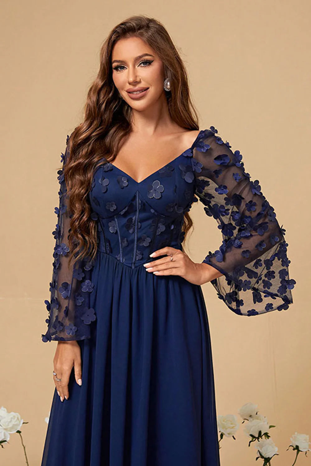 Navy Chiffon Floral Corset Long Mother of the Bride Dress
