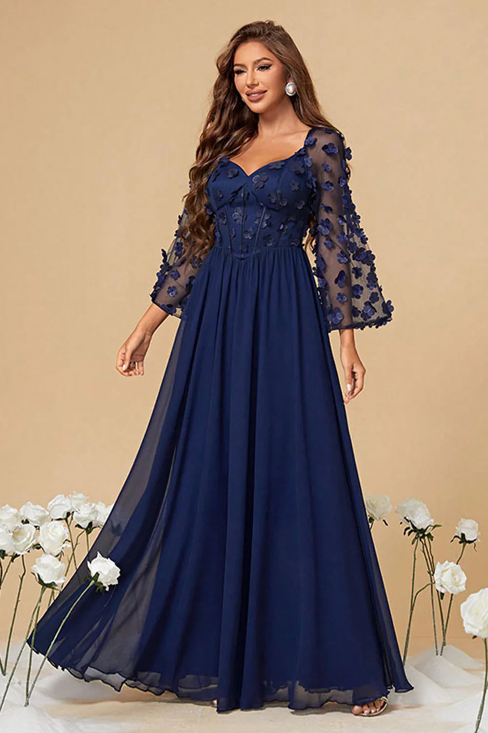 Navy Chiffon Floral Corset Long Mother of the Bride Dress