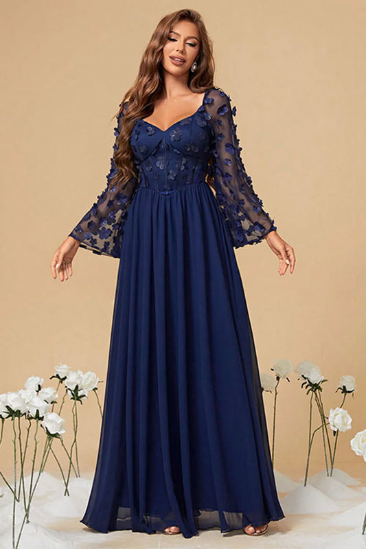 Navy Chiffon Floral Corset Long Mother of the Bride Dress