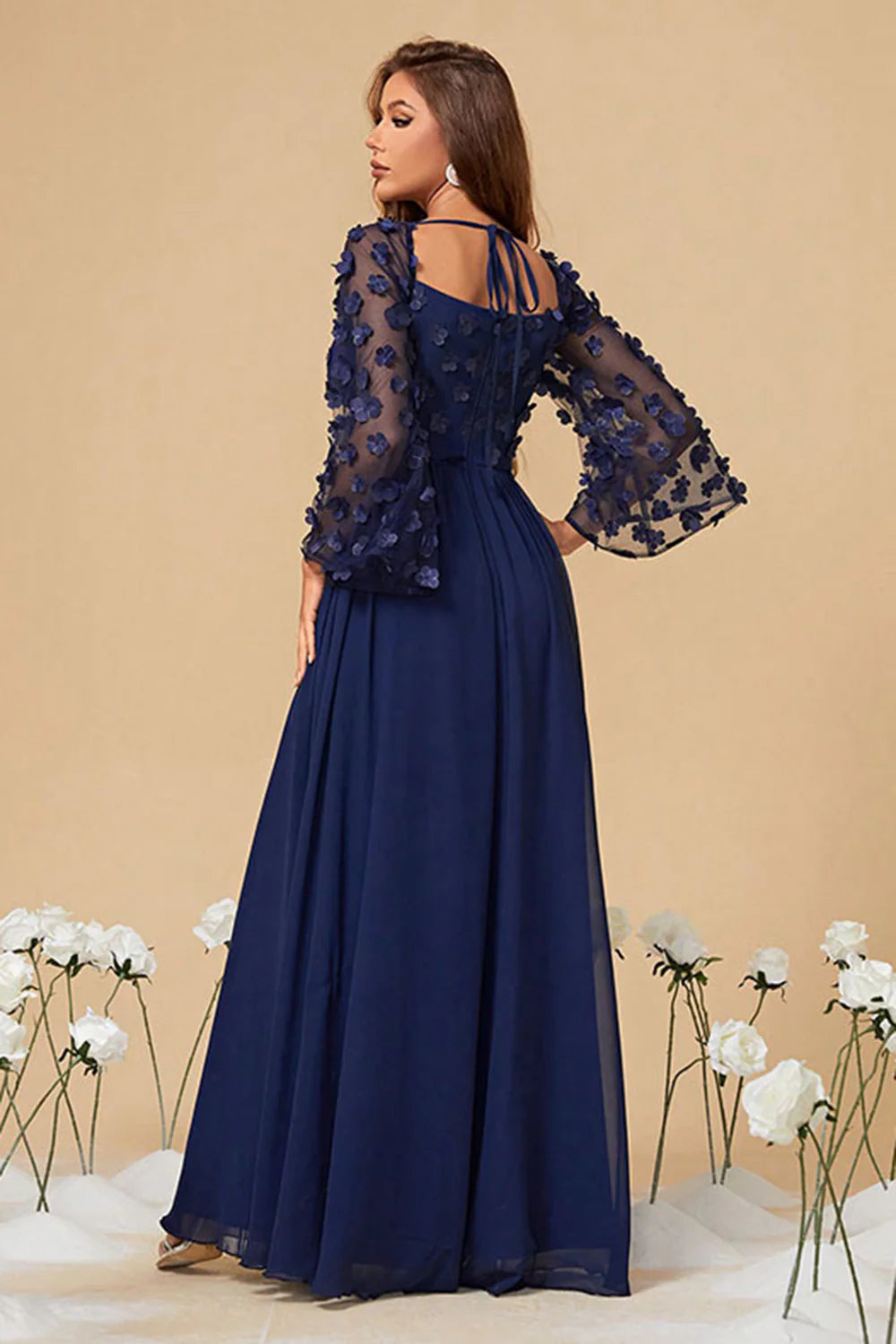 Navy Chiffon Floral Corset Long Mother of the Bride Dress