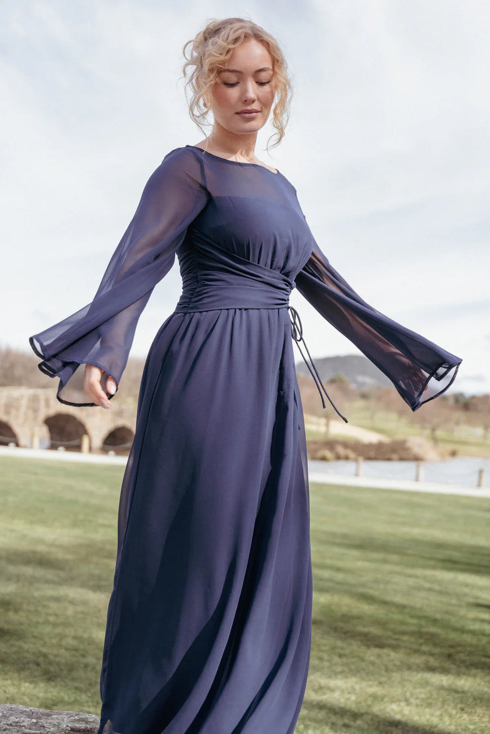 Navy Chiffon Maxi Round Neck Sheer Bell Sleeves Ruched Waist Drawstring Evening Dress