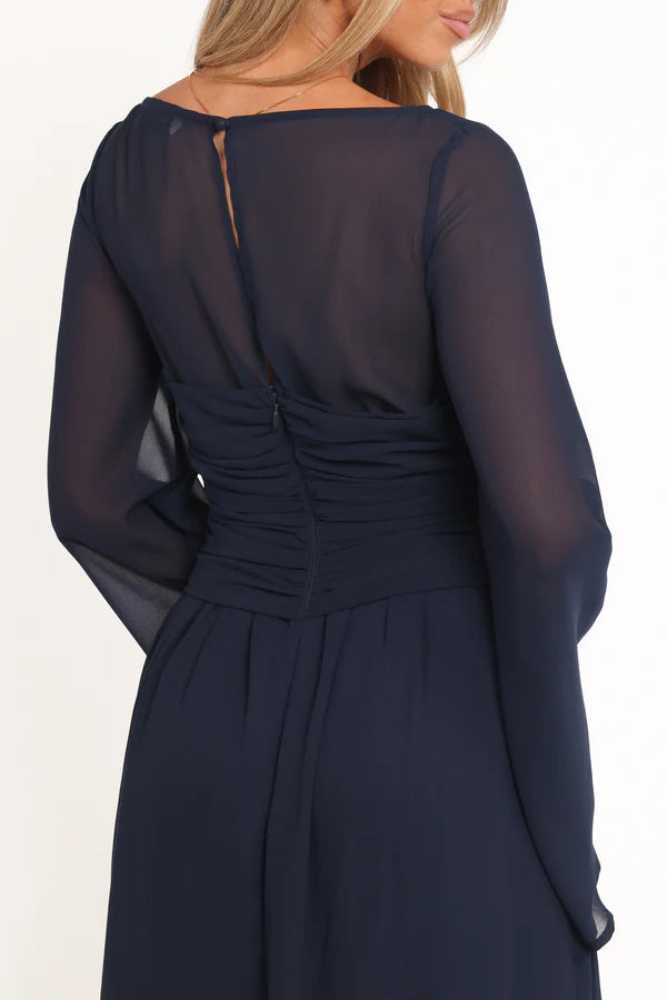 Navy Chiffon Maxi Round Neck Sheer Bell Sleeves Ruched Waist Drawstring Evening Dress