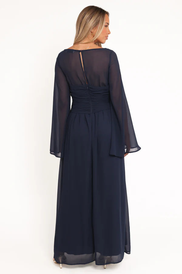 Navy Chiffon Maxi Round Neck Sheer Bell Sleeves Ruched Waist Drawstring Evening Dress