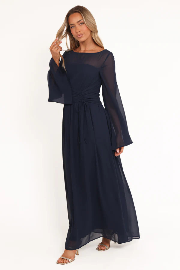 Navy Chiffon Maxi Round Neck Sheer Bell Sleeves Ruched Waist Drawstring Evening Dress