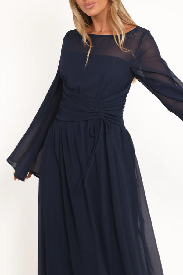 Navy Chiffon Maxi Round Neck Sheer Bell Sleeves Ruched Waist Drawstring Evening Dress