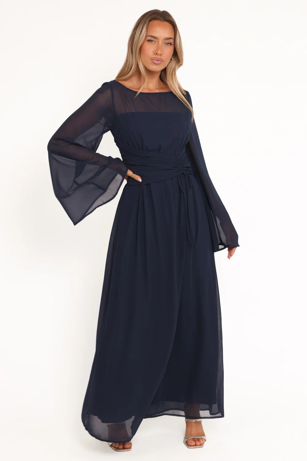 Navy Chiffon Maxi Round Neck Sheer Bell Sleeves Ruched Waist Drawstring Evening Dress