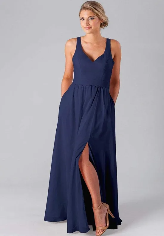 Navy Chiffon V-Neck Y-Back Pocket High Slit A-Line Floor Length Bridesmaid Dresses