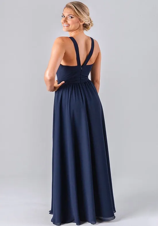 Navy Chiffon V-Neck Y-Back Pocket High Slit A-Line Floor Length Bridesmaid Dresses