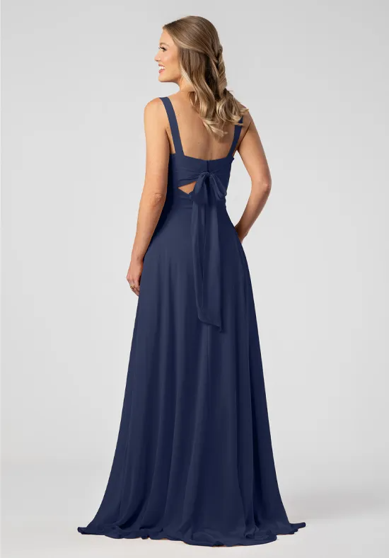 Navy Chiffon Wide Strap V-Neck Back Tie Cutout High Slit A-Line Floor Length Bridesmaid Dresses