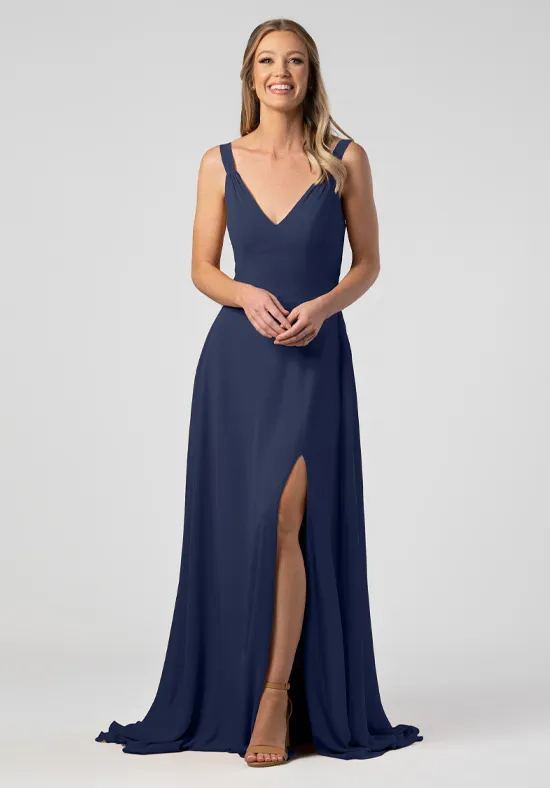 Navy Chiffon Wide Strap V-Neck Back Tie Cutout High Slit A-Line Floor Length Bridesmaid Dresses