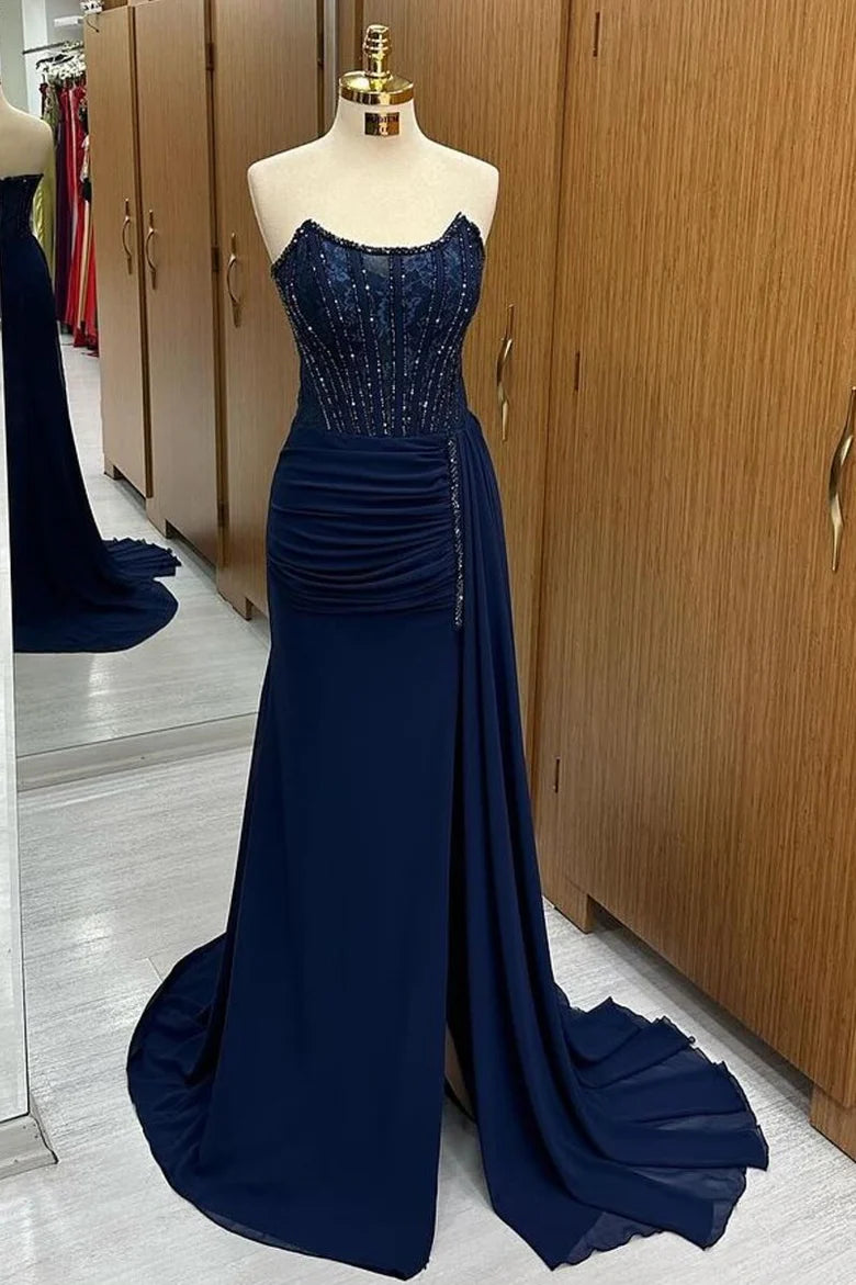 Navy Lace Beaded Strapless Long Formal Dress with Attached Train