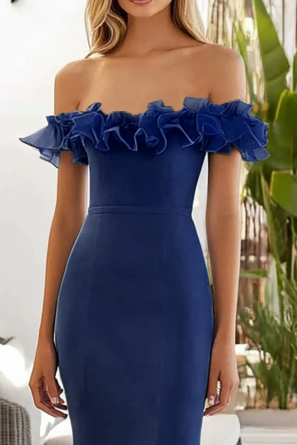 Navy Mermaid Off the Shoulder Ruffles Long Formal Dress