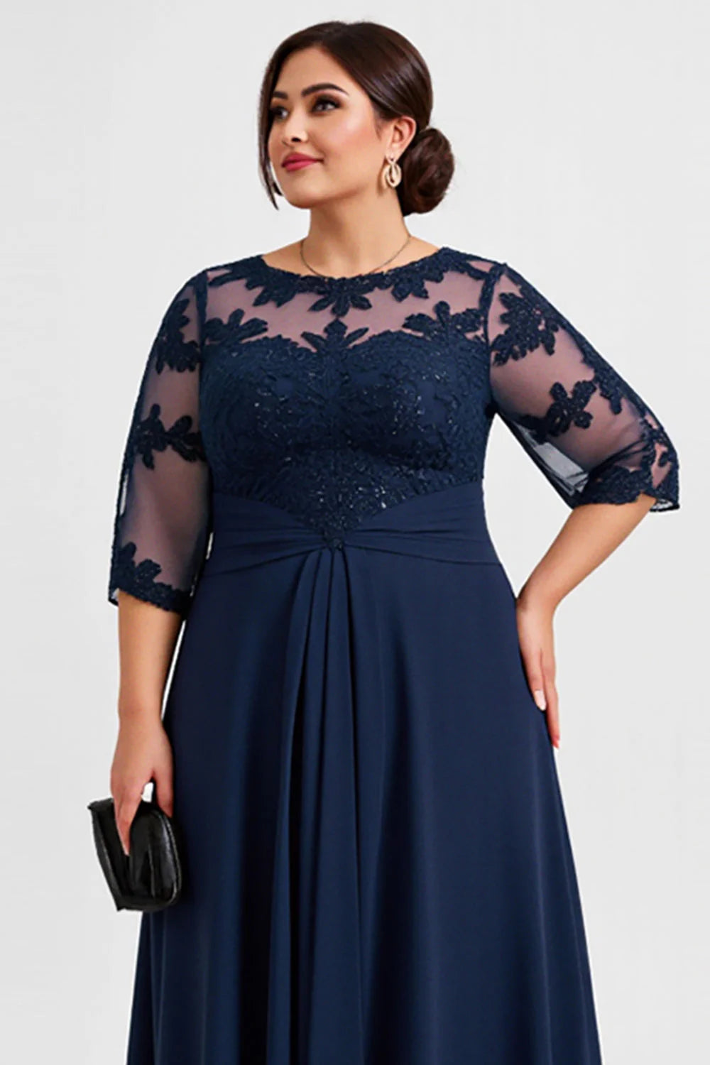 Navy Plus Size Chiffon Illusion Neck Long Mother of the Bride Dress