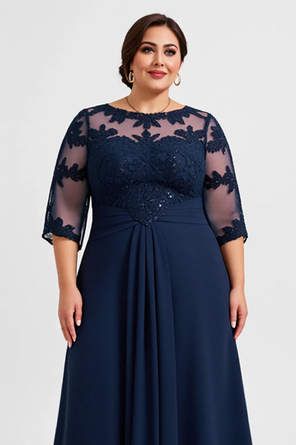 Navy Plus Size Chiffon Illusion Neck Long Mother of the Bride Dress