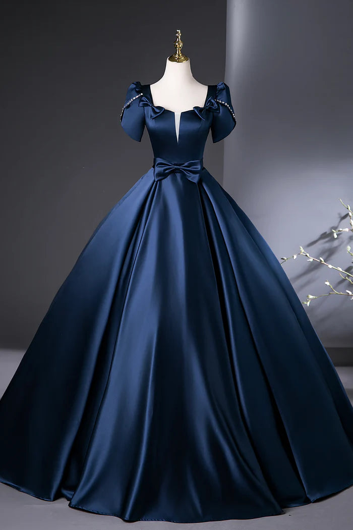 Navy Satin Long Prom Dress, A-Line Short Sleeve Evening Party Dress