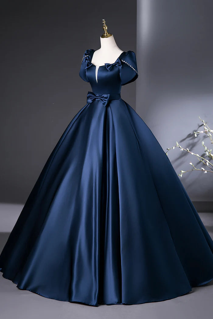 Navy Satin Long Prom Dress, A-Line Short Sleeve Evening Party Dress