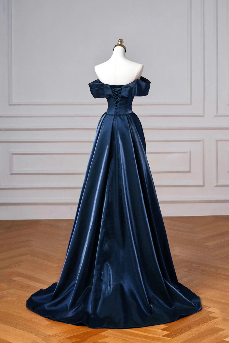 Navy Satin Long Prom Dress, Elegant Off the Shoulder Party Dress