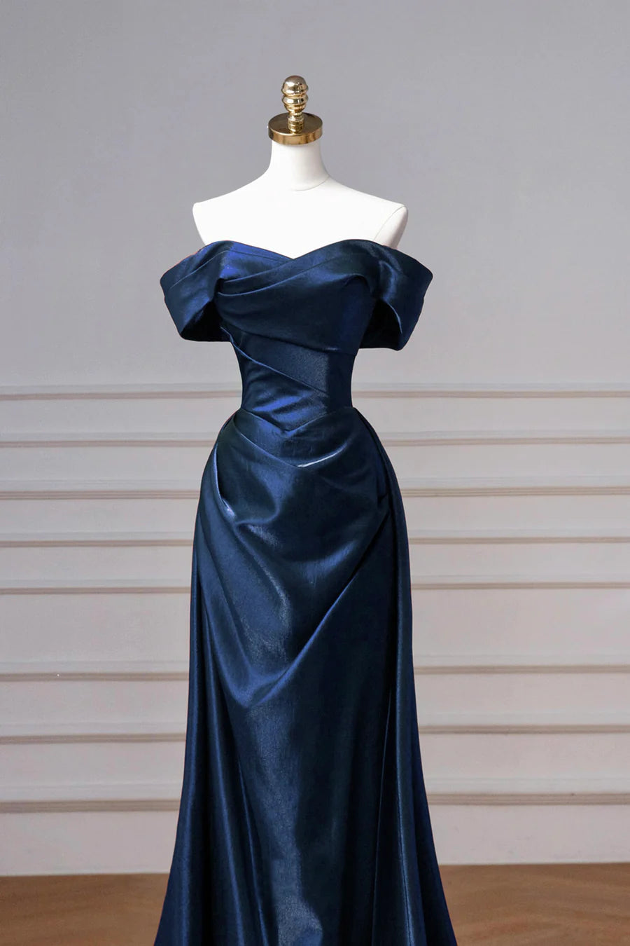 Navy Satin Long Prom Dress, Elegant Off the Shoulder Party Dress
