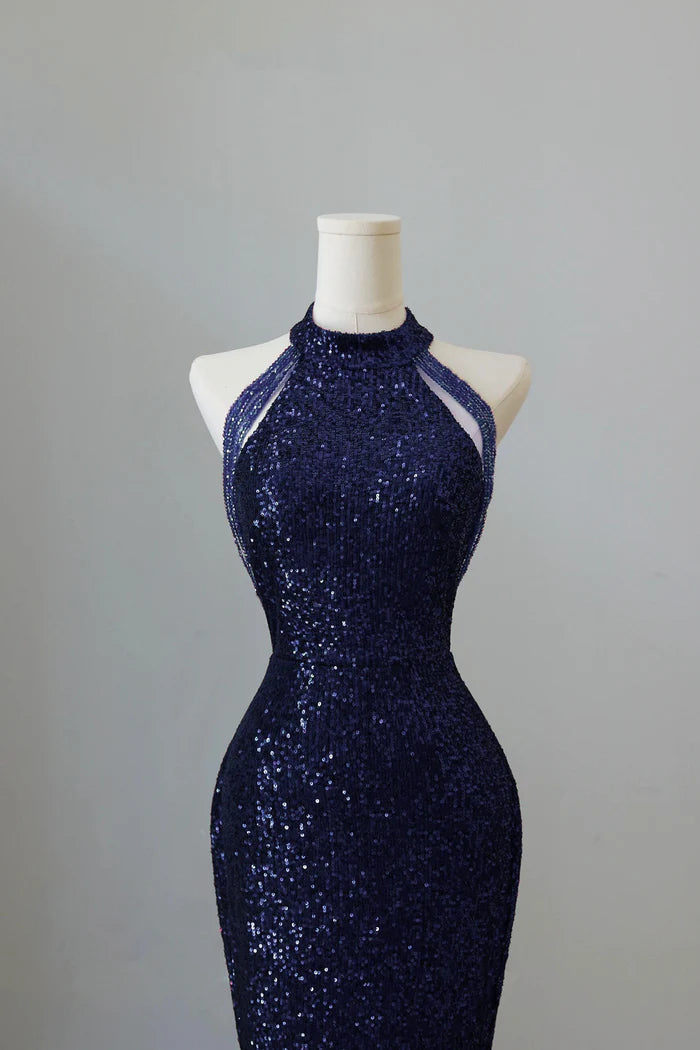 Navy Sequins Long Mermaid Prom Dress, Elegant Off the Shoulder Party Dress