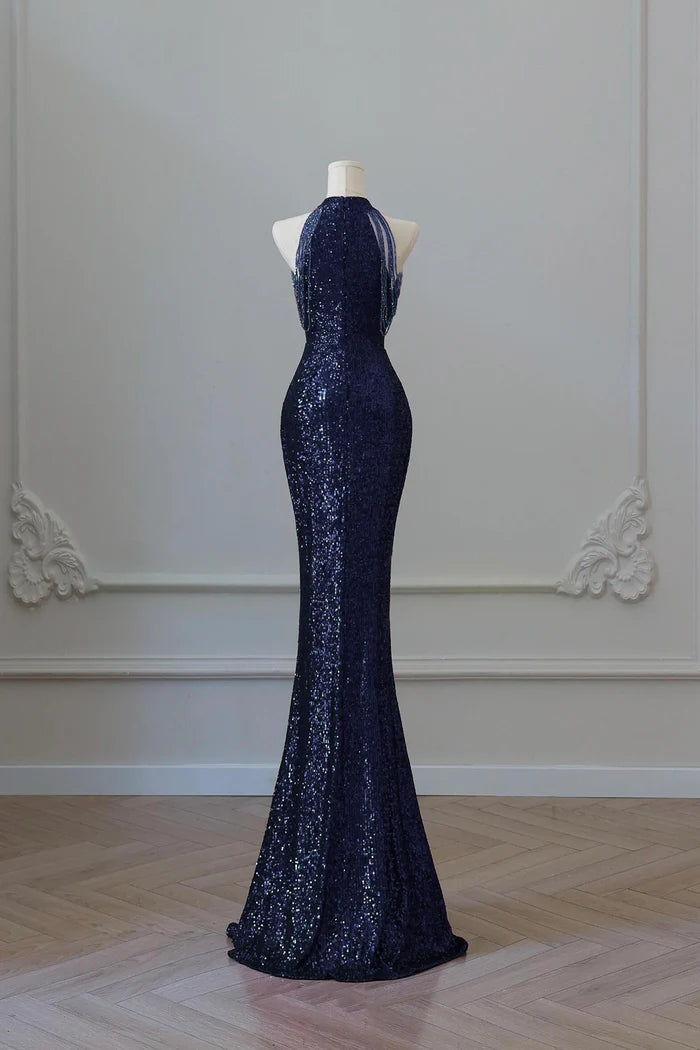 Navy Sequins Long Mermaid Prom Dress, Elegant Off the Shoulder Party Dress