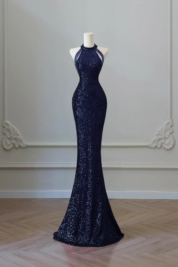 Navy Sequins Long Mermaid Prom Dress, Elegant Off the Shoulder Party Dress