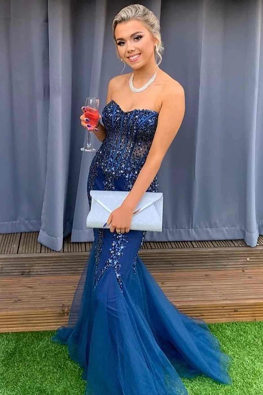 Navy Blue Beaded Strapless Cutout Mermaid Long Formal Dress