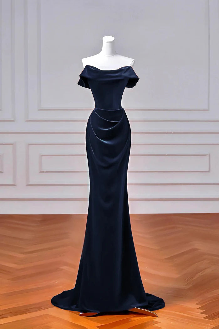 Navy Velvet Long Mermaid Prom Dress, Elegant Off the Shoulder Party Dress